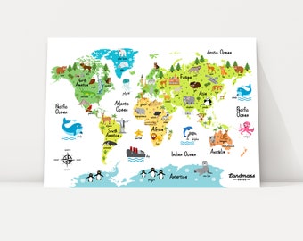 12x16 Animal World Map Print For Kids - Nursery Playroom Day Care - Child - Children - Poster - Learning