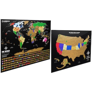 May include: Two black scratch-off maps with gold foil accents. The larger map shows the world with country flags below. The smaller map shows the United States with national parks highlighted. Both maps are labeled "Landmass".