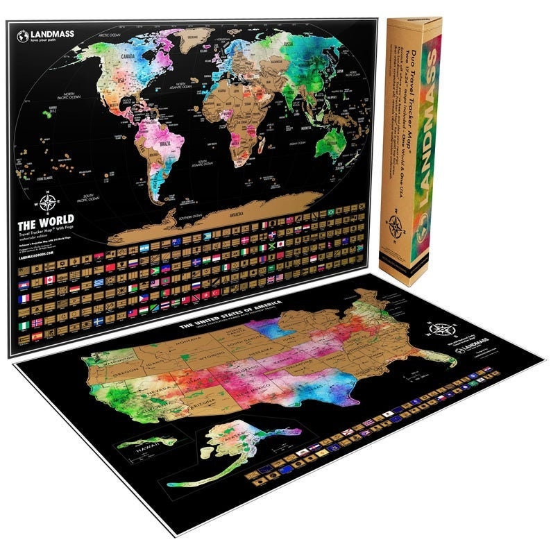 Two Travel Maps, Scratch Off World Map, Scratch Off USA Map, Flags, Gift For Travelers, Home Decor, Watercolor Wall Posters, 24"x17"