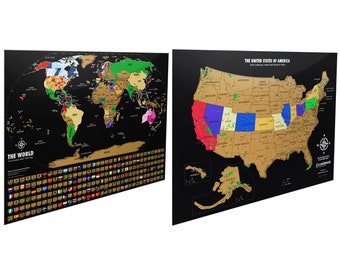 Two Scratch Off Maps, World Scratch Off Map, United States Map, Traveler Gifts Idea, Travel Gift, Home Office Decor, Wall Posters, 24"x17"