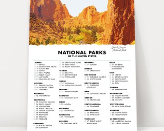 Grand Canyon National Park Checklist Poster - 63 US National Parks - Gift Idea for Hiker - Gifts For Traveler - Wall Art - Adventure Travel