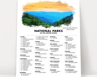 National Park Checklist Poster Print - 63 US National Parks - Travel - Gift Idea - Traveler Gifts - Wall Art - Great Smoky Mountains