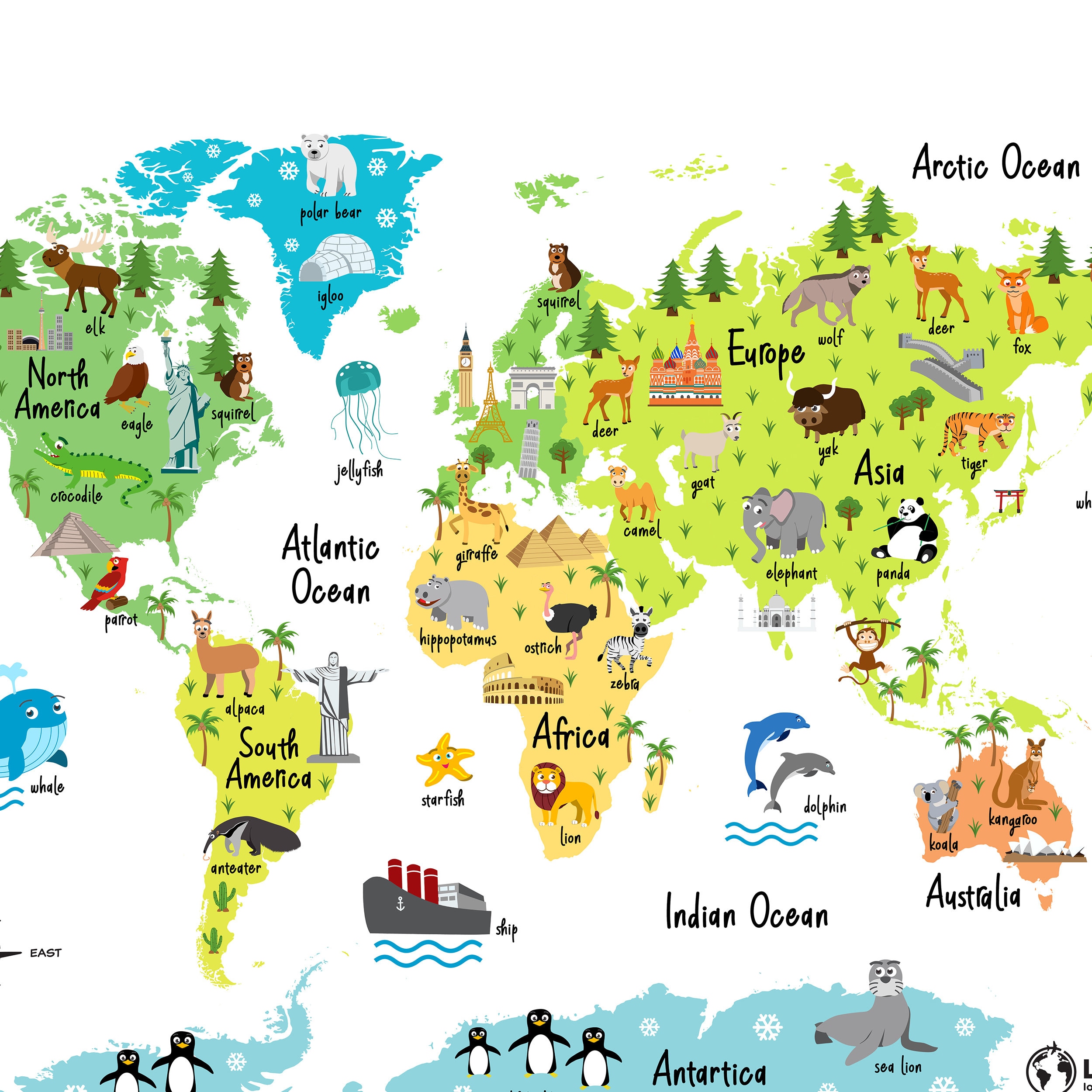 Animal World Map Print For Kids 12x16 Nursery Playroom Day Etsy Animal World Map Print For Kids 12x16 Nursery Playroom Day Etsy