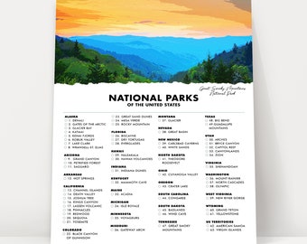 Great Smoky Mountains National Park Checklist Poster - 63 US National Parks - Gift Idea Hiker - Traveler Gifts - Wall Art - Adventure Travel