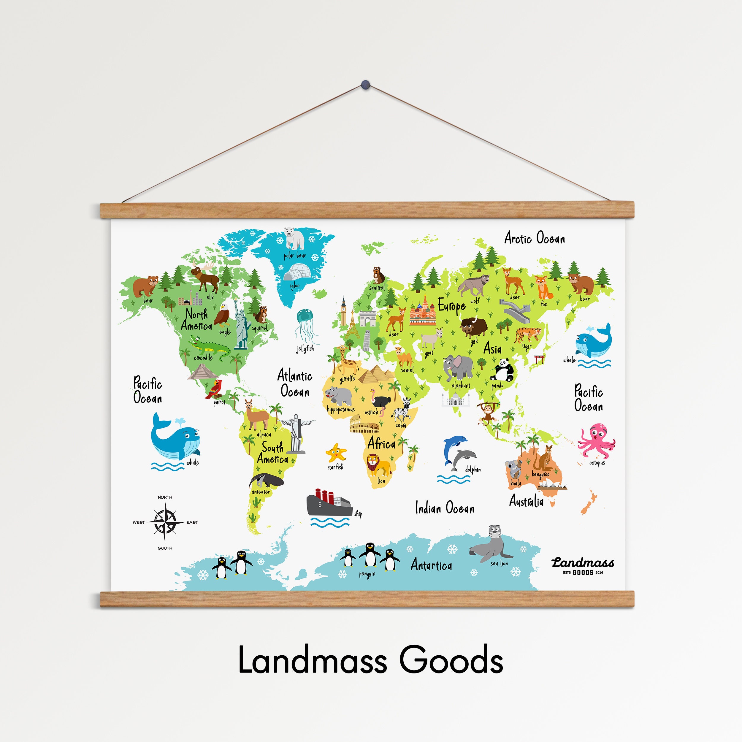12x16 Animal World Map Print for Kids - Nursery Playroom Day Care ...