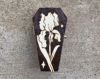Iris Coffin Box — 2.5" x 4.625" Woodburned Pine Coffin-Shaped Box