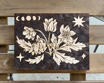 Woodburned Basswood Plaque of Wildflowers and Phases of the Moon (6" x 8")