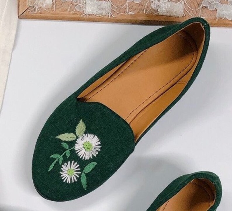 Green flower hand embroidery shoes Crochet top pattern Linen dress Embroidery hoop art Cross stitch pattern Chain stitch dress