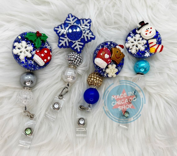 Winter Fun Badge Reels Glitter ID Holder Bling Badge Reel Bubblegum Beads  Mitten Frosty Snowflake Holly Star Sock 