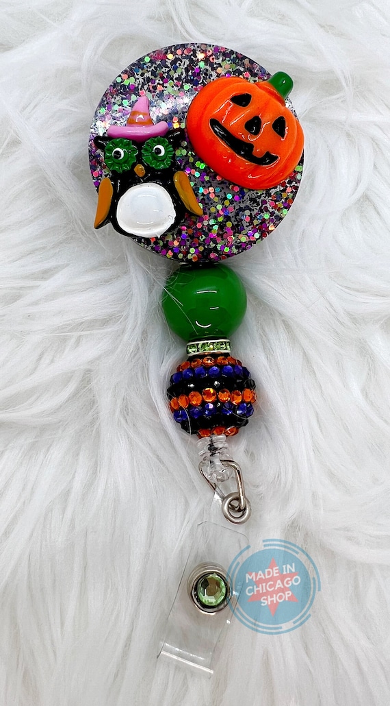 Halloween Badge Reels Glitter ID Holder Bling Badge Reel Bubblegum Beads  Jack Skellington Ghost Witch Black Cat Frankenstein 