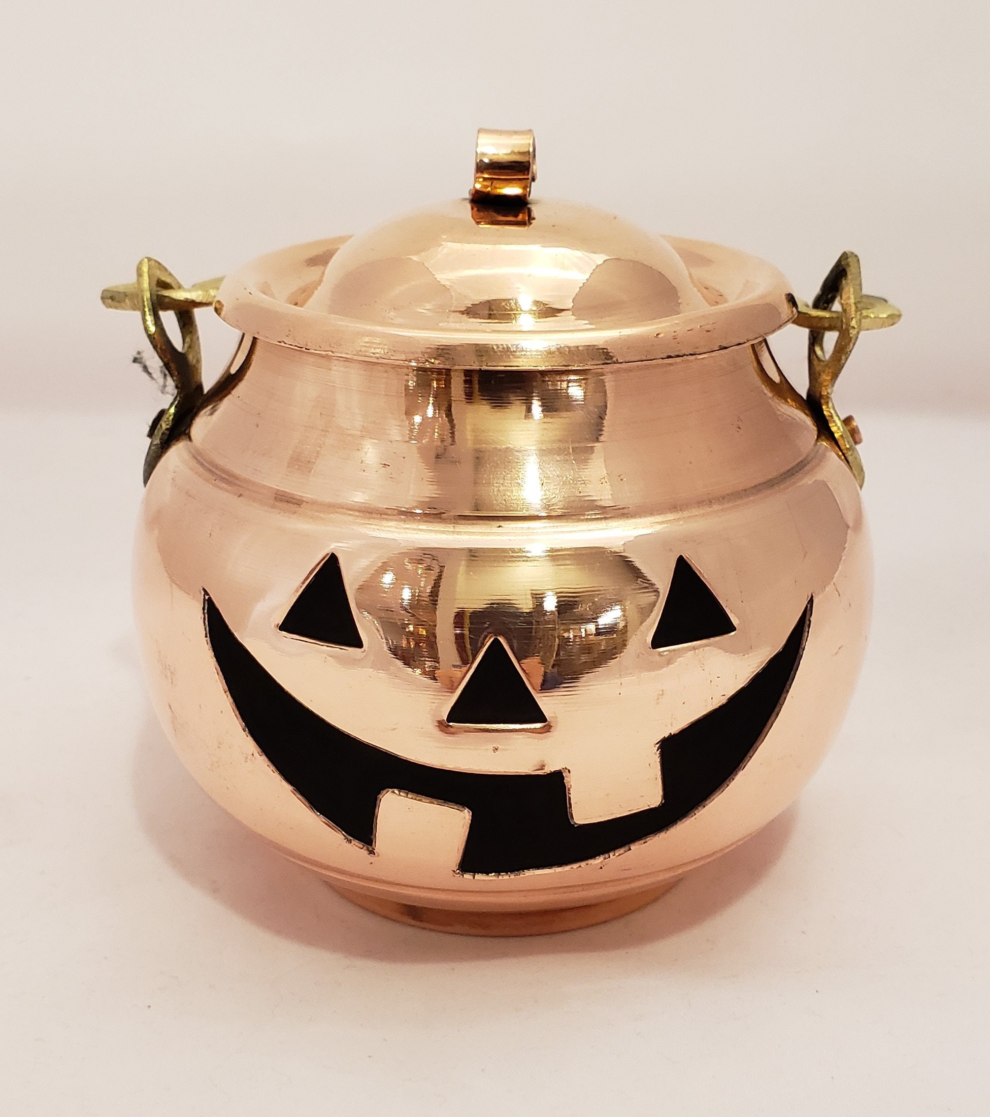 Vintage brass/copper Jack o lantern lidded candle holder decor munimoro.gob.pe