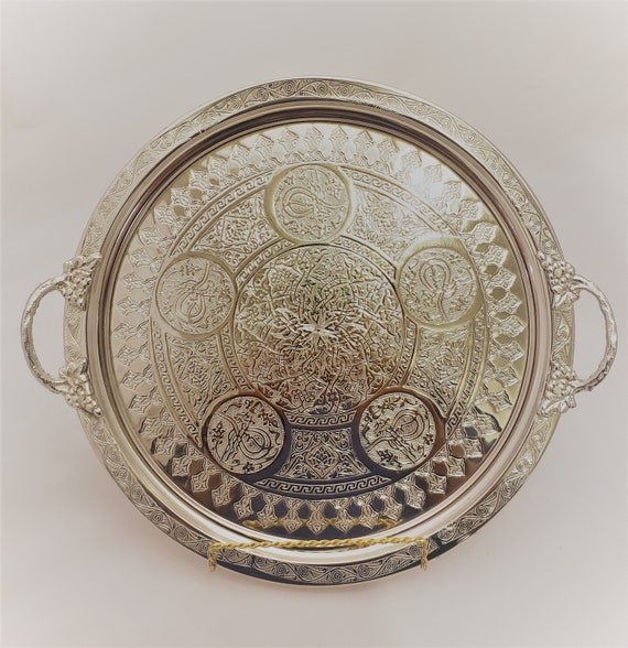 手作りの模様付き丸型銅製トレイ、ヴィンテージトレイ、銅製装飾品、銅