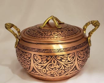 Handmade Engraved Copper Pot - Round Style | Turkish Copper Pot | Copper Cookware | Copper Cooking Pot | Handled Copper Pot | Vintage Pot