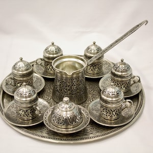 Turkish Handmade Tin Coated Copper Coffee Set (6 servings), Turkish Coffee. coffee pot, copper