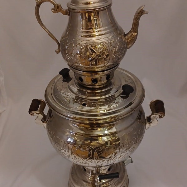 New Model, Handmade Copper Electric Turkish Samovar 220V,Bakir Semaver, Turkish tea, Copper Nickel Plated, Copper Samovar, Carved Samovar