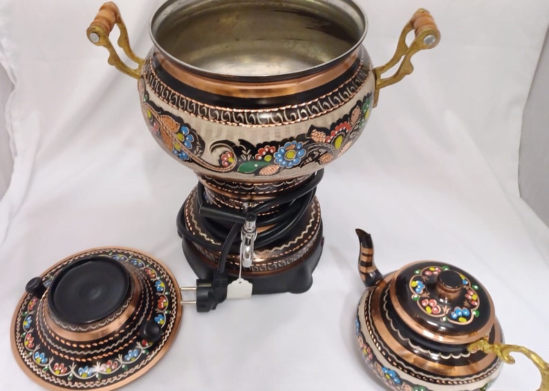 New Model, Handmade Copper Electric Turkish Samovar 220V, Bakir Semaver, Turkish tea, Black & Multi Color Floral Samovar, Copper Samovar image 2