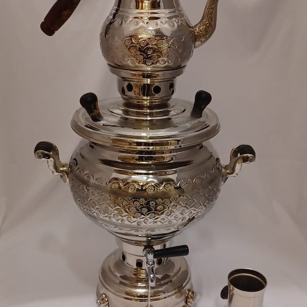 New Model, Handmade Copper Turkish Samovar, Desenli Bakir Semaver, Turkish tea, Copper Nickel Plated, Copper Samovar, Embroided Samovar