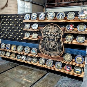 Custom Engraved Wood Flag Challenge Coin Holder – Police Badge Display, Personalized Tribute