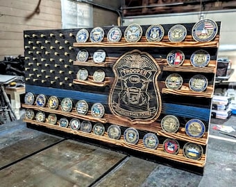 Custom Engraved Wood Flag Challenge Coin Holder – Police Badge Display, Personalized Tribute