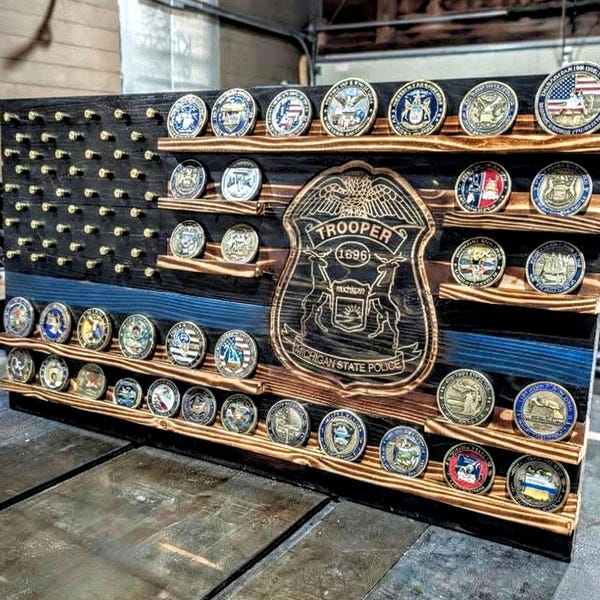 Custom Engraved Wood Flag Challenge Coin Holder – Police Badge Display, Personalized Tribute