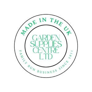 May include: Black and white circular stamp with the text "Made in the UK" and "Family Run Business Since 2011" around the edge. The center of the stamp says "Garden Supplies Centre Ltd" in green text.