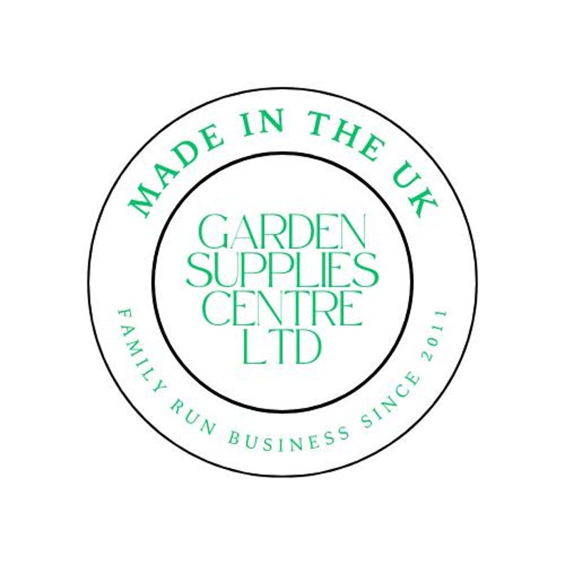 May include: Black and white circular stamp with the text "Made in the UK" and "Family Run Business Since 2011" around the edge. The center of the stamp says "Garden Supplies Centre Ltd" in green text.