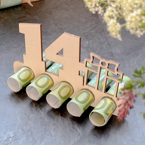 Houten displaygeldcadeau &quot;14&quot; | Voucheralternatief | Cadeau-idee | Waardebon | 14e verjaardag