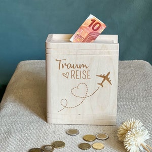 Spardose Buch "Traumreise " | Spardose Buch aus Holz | Sparbüchse zum Geburtstag | Jubiläum | Sparschwein | Geldgeschenk | Reise