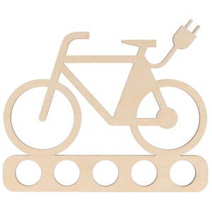 May include: Wooden cutout of an electric bicycle with a plug on the back. The bicycle has five holes on the bottom for hanging items.