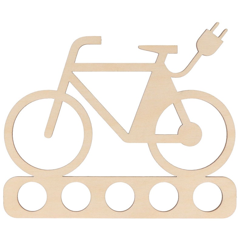 May include: Wooden cutout of an electric bicycle with a plug on the back. The bicycle has five holes on the bottom for hanging items.