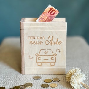 Spaarpotboek "Voor de nieuwe auto!" | Houten boekenspaarpot | Spaarpot voor rijbewijs | Nieuwe auto | spaarvarken | Financiële injectie