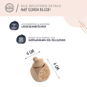 May include: A wooden box with a lid, measuring 4 inches by 6 inches, for storing a baby's lost tooth. The box is engraved with a tooth and the words "Milch Zahn" (German for "milk tooth").