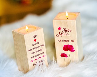 Teelichthalter Set "Liebe Mama, ich danke dir" | Holz-Kerzenständer | Teelichthalter mit Druck | Geschenk Mama | Muttertagsgeschenk