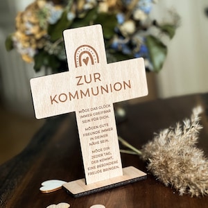 Wooden Cross &quot;For Communion&quot; Rainbow | Wooden Cross Stand | Wooden Cross with Engraving | Wooden Gifts | Communion Gift | Communion