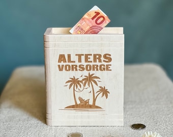 Spardose Buch "Altersvorsorge" | Spardose Buch aus Holz | Sparbüchse zum Geburtstag | Jubiläum | Sparschwein | Geldgeschenk