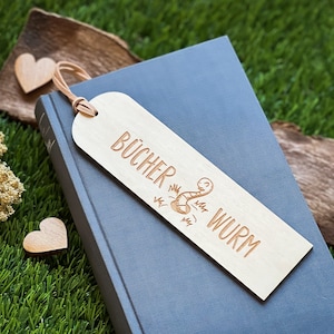 Spruchreif | Wooden bookmark with engraving and leather strap | Gifts for book lovers | Bookmark with engraving &quot;Bookworm&quot;