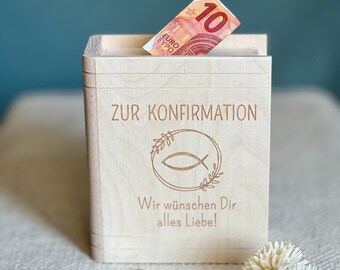 Ready for a special occasion · Wooden money box in the shape of a Bible book with engraving · Gift for Confirmation & Communion · Fish motif · Money box with lock