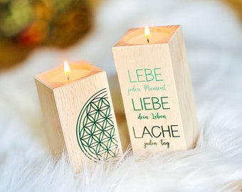 Teelichthalter Set "Lebe. Liebe. Lache." | Holz-Kerzenständer | Teelichthalter mit Druck | Blume des Lebens | Spirituelles Geschenk