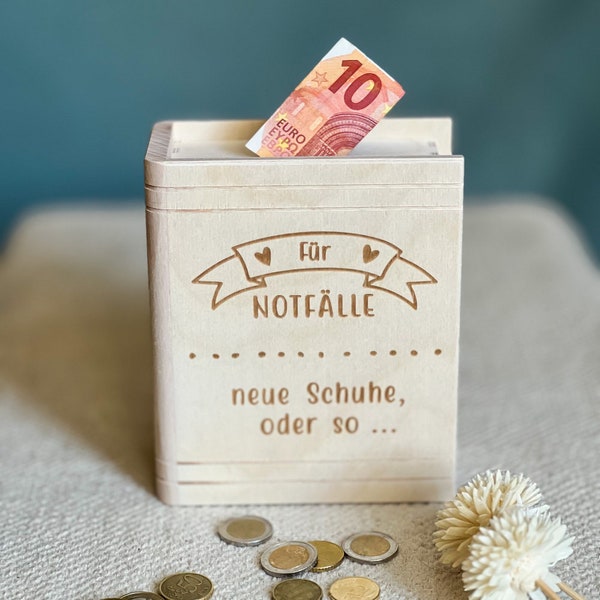 Spardose Buch "Für Notfälle! Neue Schuhe..." | Spardose Buch aus Holz | Sparbüchse zum Geburtstag | Jubiläum | Sparschwein | Geldgeschenk