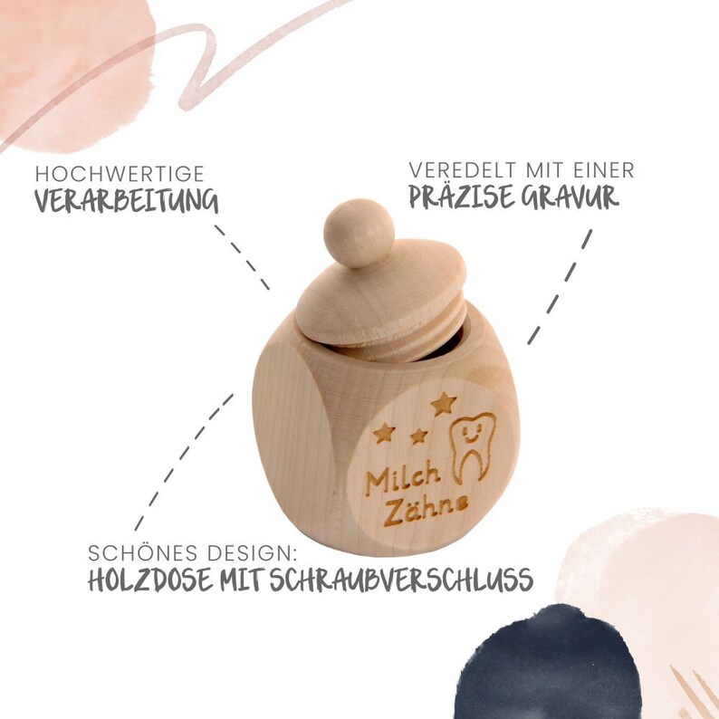 May include: A wooden box with a screw-on lid for storing baby teeth. The box is engraved with the words "Milch Z&auml;hne" and three stars.
