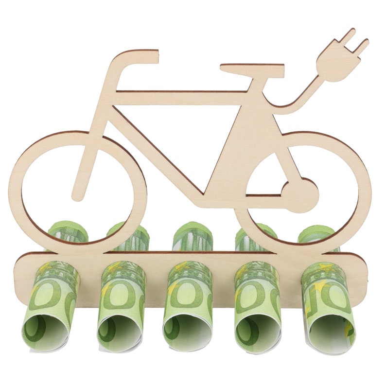 May include: Wooden cutout of an electric bicycle with five slots for rolled up euro bills. The bicycle is painted in a light wood color.