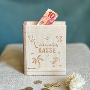 Wooden money box with engraving · Money gift money box · Gift holiday money · Holiday fund · Travel · Student exchange · "Holiday fund"