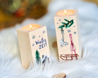 Tealight holder set "Wintertime" | Wooden candlestick | Tealight holder with print | Gift Christmas | Advent season | Christmas