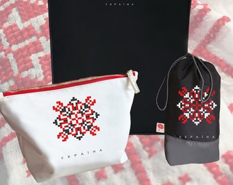 Cover for clothes, Textile organizer and Beauty Bag (Set of 3 items) with Ukrainian embroidery symbols