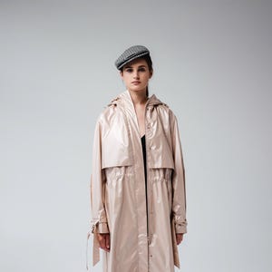 Glossy Beige Raincoat for Women | Minimalist Hooded Jacket Outerwear Waterproof Coat