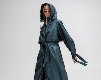 Women's Green Hooded Trench Raincoat Emerald Coat