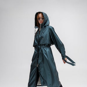 Women's Green Hooded Trench Raincoat Emerald Coat