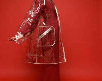 Transparenter Vinyl Regenmantel mit silberner Kante Fashion Trendy