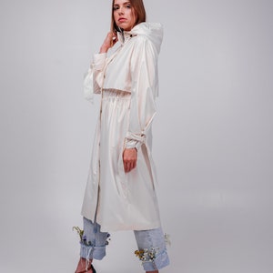 White pearl Women's trench coat, Casual Hooded Waterproof image 6