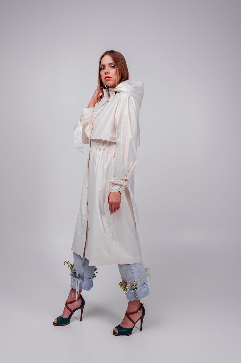 White pearl Women's trench coat, Casual Hooded Waterproof image 6